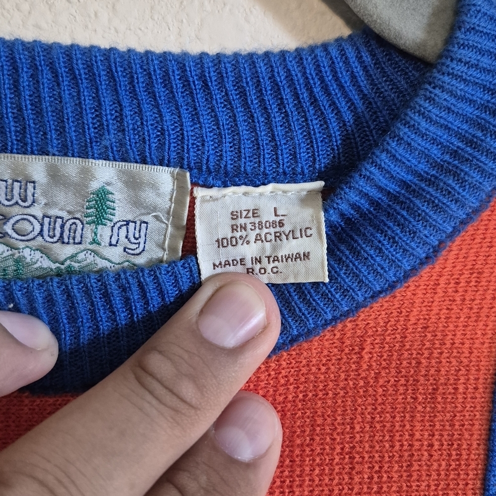 Vintage Colorblock Crew Neck Sweater - Blue, Red, and Tan - Picture 3 of 4